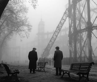 gray dawn over smoldering ruins of Crystal Palace: skeletal iron beams jut against a pale sky