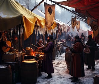 frost fair on River Thames, market tents, music, winter sunlight.