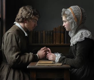a quiet meeting room in 1650 where potential marriage candidates, a young man in a woolen doublet an