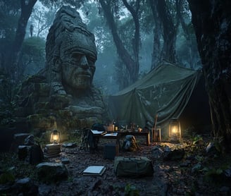 makeshift camp near the ruins, Catherwood detailing large architectural drawings by lamplight
