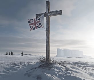 makeshift wooden cross erected over Scott’s final resting place, British flags flapping