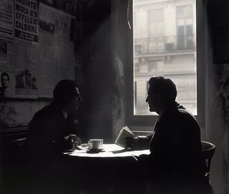 two shadowy figures in an upscale Italian café, whispering over an espresso