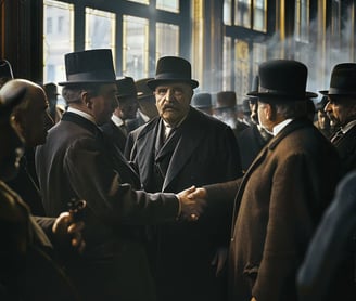 exhausted bankers shaking hands as the crisis is resolved