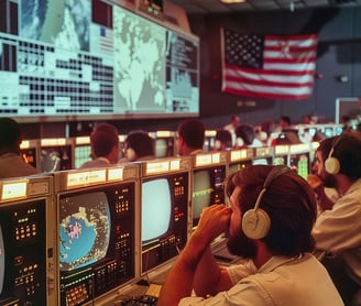NASA engineers leaning over their monitors, watching a live feed of Sullivan’s spacewalk