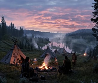 Native camp at twilight, tents and fire pits being packed up, families preparing to return