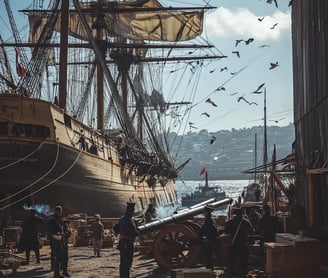 Naval Clash Preparation: Chilean sailors load cannons onto a wooden frigate docked at Valparaiso’s 