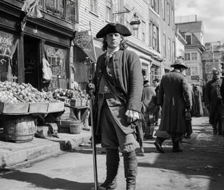 uniformed officer directs a carriage through a bustling market of fruit stalls and tavern signs
