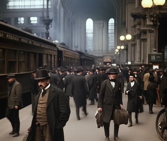 November 1910 Manhattan, travelers hustle to board electric-lighted platforms