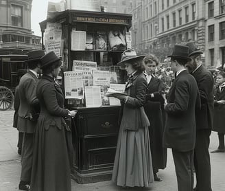 New York street corner with a newspaper stand in 1904. People in formal suits and wide hats gather, 
