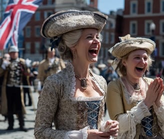 triumphant woman in an embroidered riding habit and tricorn hat holds aloft a parchment declaring pr