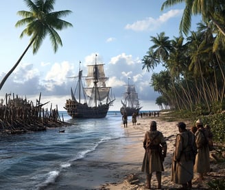 northern shoreline of Cuba, 1519, Spanish ships anchored in calm blue waters