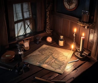 Tasman mapping Tasmania in ship cabin, candlelight, navigation tools.