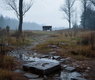 once-inhabited farmland lying quiet, cracked hearthstones, broken pottery shards near collapsed dwel
