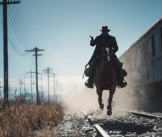 Jesse James gallops alongside the moving train, his black coat flapping