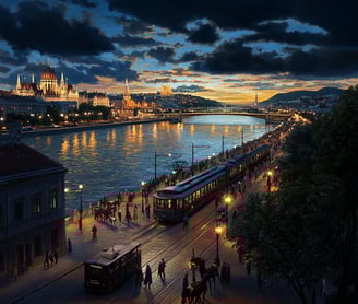 panoramic view of the Danube at sunset, rooftops of Buda and Pest glowing orange and gold