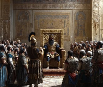 Darius I, now seated on a grand golden throne, addresses his advisors and military commanders.