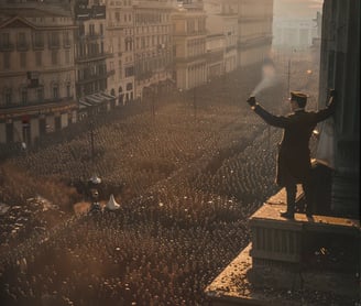 Mussolini standing on a balcony, addressing a massive crowd of Blackshirt supporters