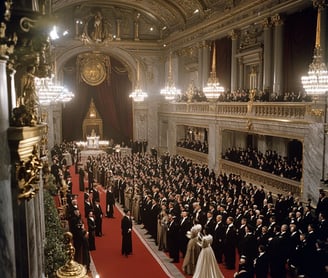 Stockholm’s Grand Hall in 1901, laureates in formal evening attire ascend a red carpeted dais