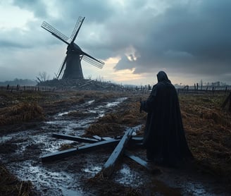 quiet aftermath in flattened farmland, broken fence posts poking from muddy fields