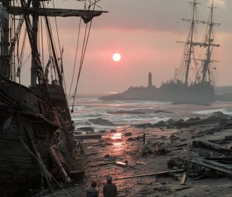 battered vessels drift near a rocky shoreline