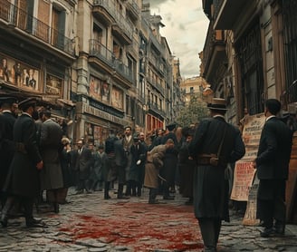 bloodstained cobblestones outside Madrid bookstore, Canalejas