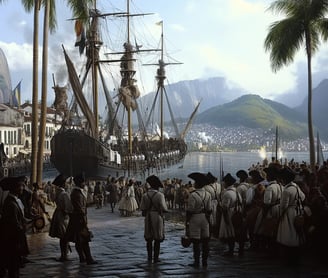 Rio de Janeiro harbor, tropical dawn light glints off Portuguese warships