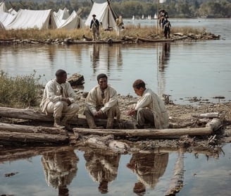 the Charles River’s calm surface as a small group of excluded Black and mixed-heritage men sitting