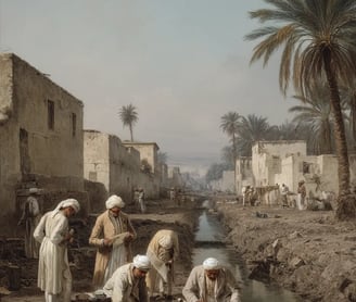 French savants in high-collared coats and simple waistcoats unroll papyrus manuscripts