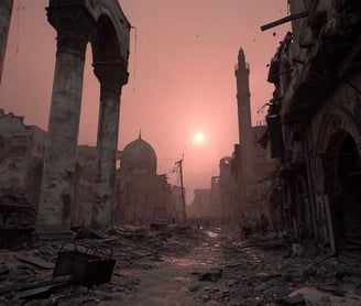 ruined heart of Baghdad, streets lined with marble colonnades