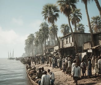 Saint-Louis’s muddy riverbank: Portuguese merchant vessel’s longboat lowers survivors dressed in hal