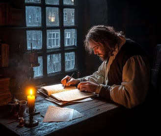 Samuel Pepys seated alone by a broad oak desk cluttered with manuscripts and inkpots