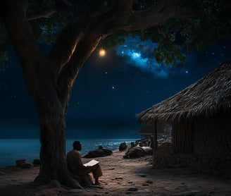 Amistad survivor reflects quietly by ocean in Sierra Leone, 1841.