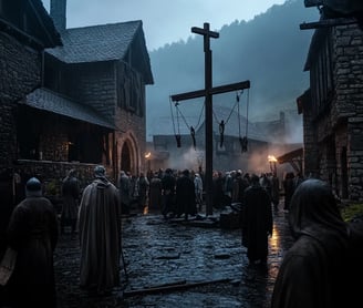 silent city square at dawn, fog drifting between buildings, townspeople in cloaks whispering among