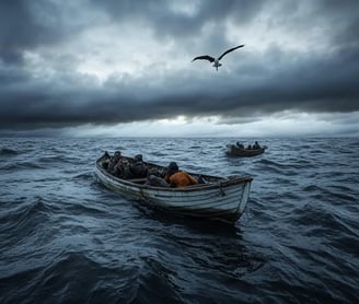 ilent desolation at dawn, small whaleboats floating alone in the vast ocean