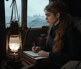 small, spartan cabin aboard steamship, Nellie Bly writing notes by dim oil lantern