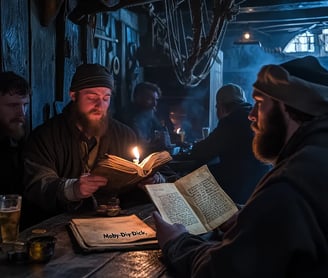 smoky seaside tavern in New Bedford, rough-hewn sailors swapping battered coins for ale, man reading
