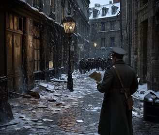 snow falling gently over a quiet square littered with broken window panes
