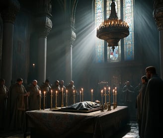 somber royal chapel, body of the prince resting on an embroidered cloth surrounded by tall burning c