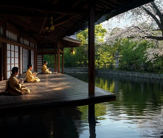 first wooden pavilions and canals in Heian-kyō complete, poets seated beneath blossoming sakura tree