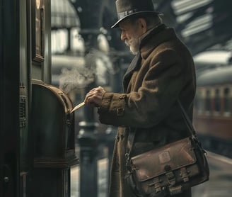 a traveler in a wool coat and leather satchel mailing a postcard at a railway station postbox