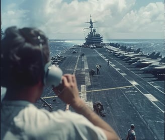 American aircraft carrier on high alert, F-8 Crusader fighter jets lined up on the deck