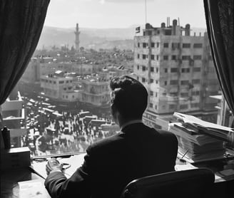 UN diplomat in a dark suit reviewing an urgent report on the Qibya massacre