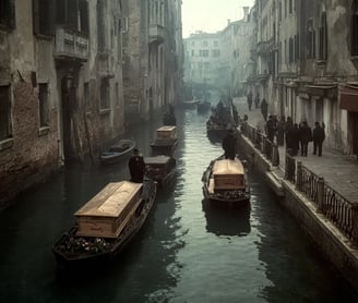annaregio Canal: swollen with funeral barges ferrying wooden coffins past shuttered Gothic palaces