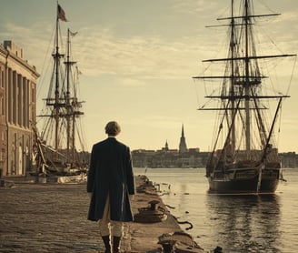Financier off-center on top step, moored schooners and spires in background