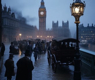 Victorian street scene along the Thames embankment, 1856, horse-drawn carriages