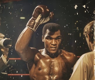 Cassius Clay with his gloved hand raised in triumph by the referee