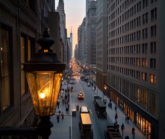 view from a balcony above Fifth Avenue at sunset, long shadows stretching across cobbled street