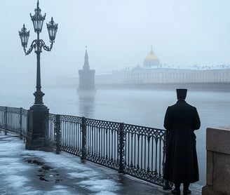 Early morning fog blanketing the Neva River, distant silhouette of the Winter Palace