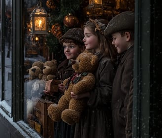 Children outside a store gazing through frosted glass at plush teddy bears in display