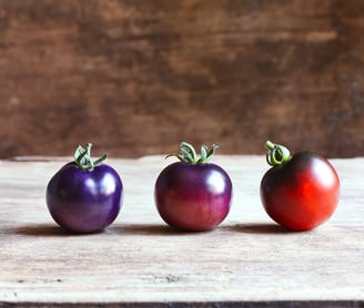 three tomatoes are shown in three different stages of ripeness